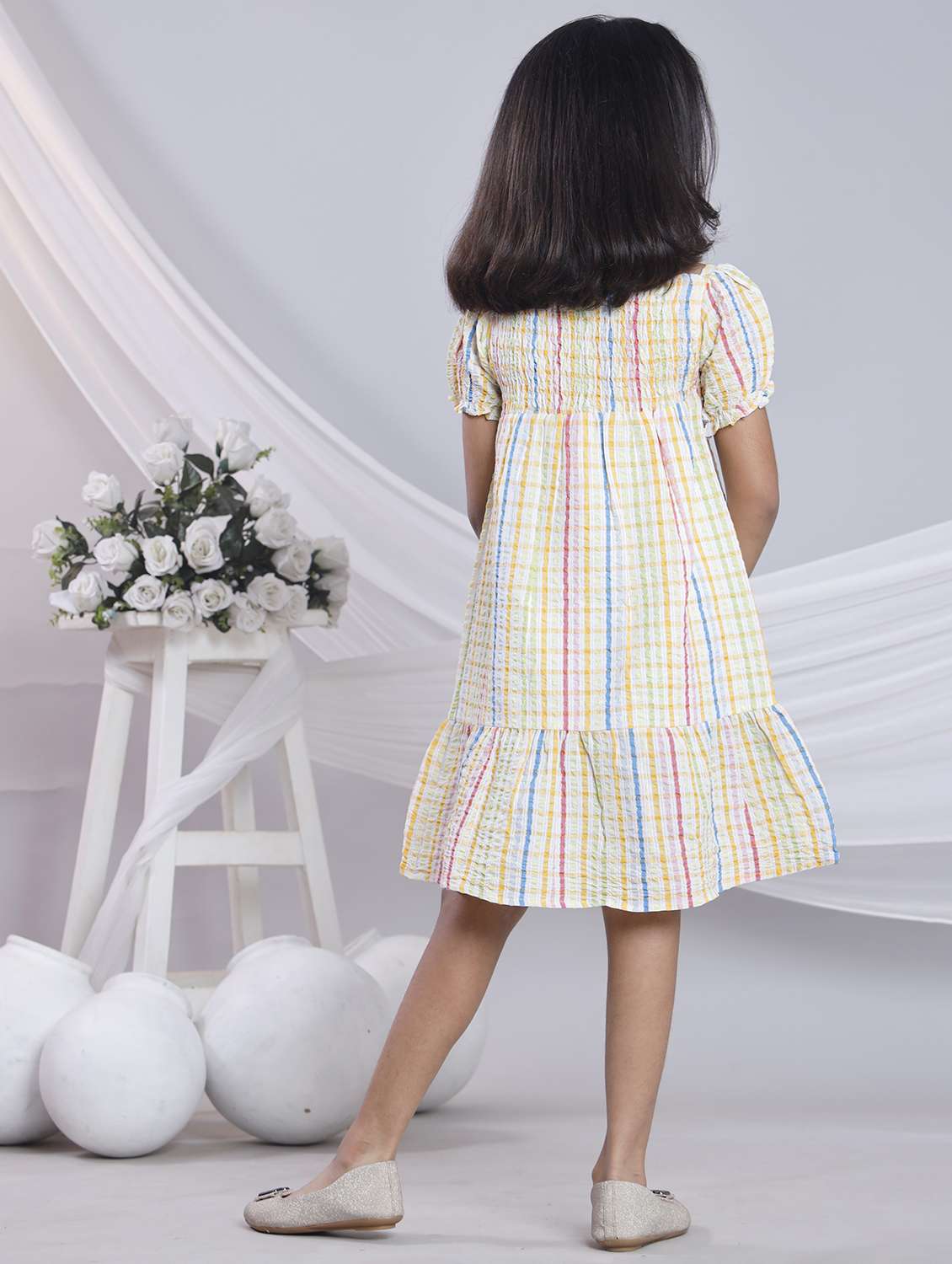 girls checkered off shoulder tiered dress - 22080657 -  Standard Image - 4