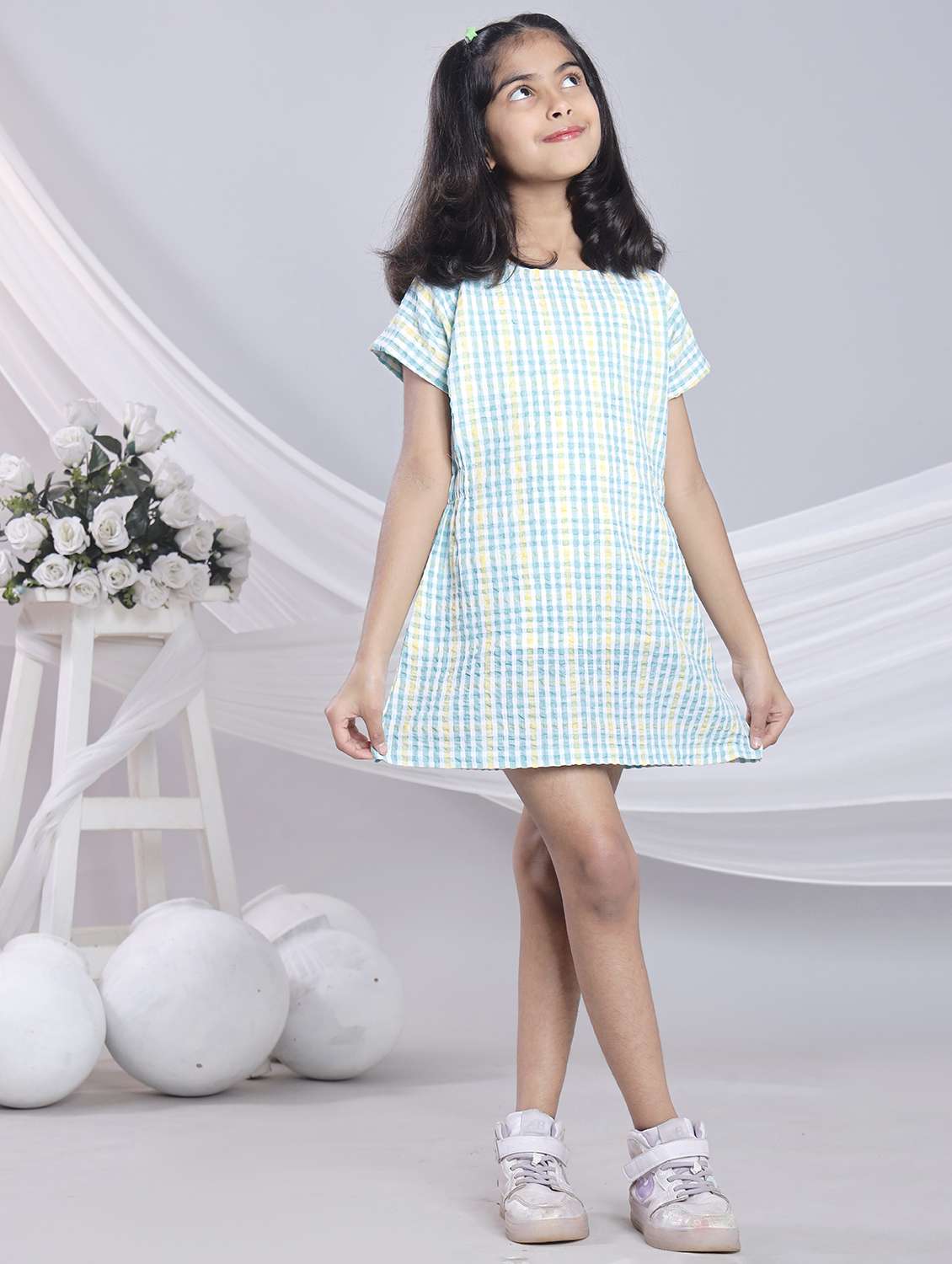 girls checkered short sleeve a-line dress - 22080658 - Standard Image - 1