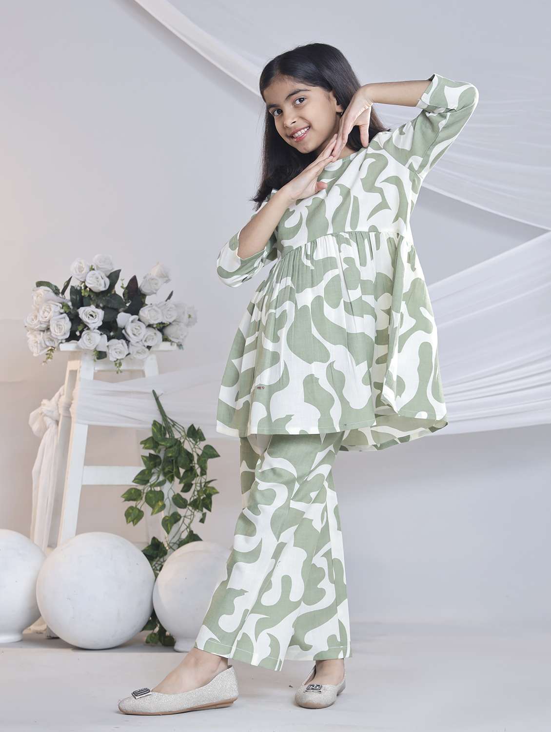 girls printed three quarter sleeve kurta and palazzo set  - 22080663 -  Standard Image - 1