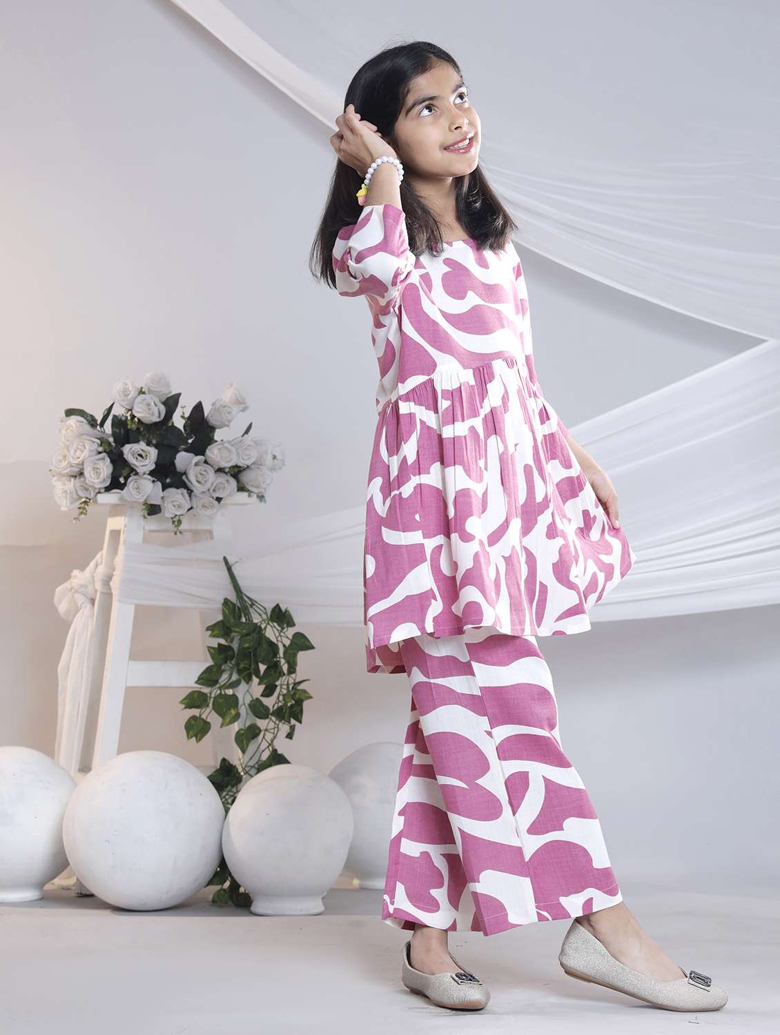 girls printed three quarter sleeve kurta and palazzo set  - 22080664 -  Standard Image - 1