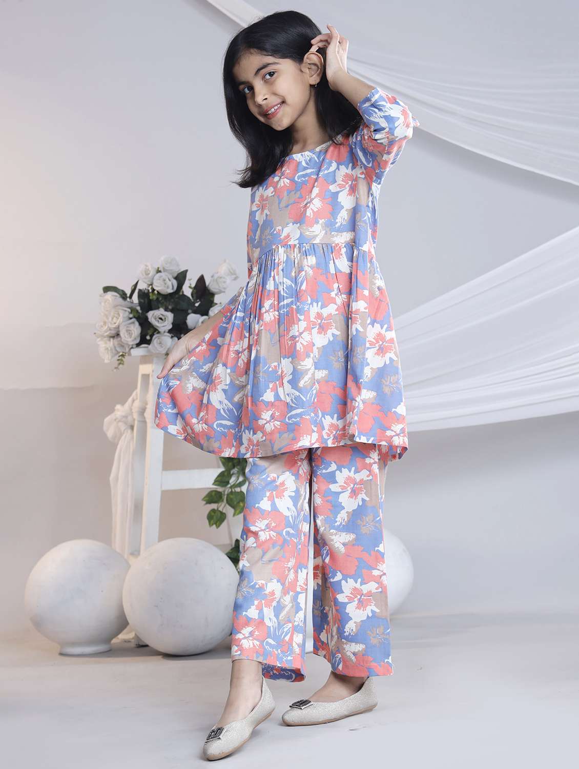 girls printed three quarter sleeve kurta and palazzo set  - 22080665 -  Standard Image - 1