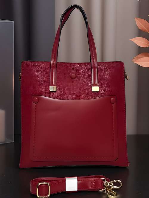 maroon textured handbag with detachable strap - 22080790 - Standard Image - 0