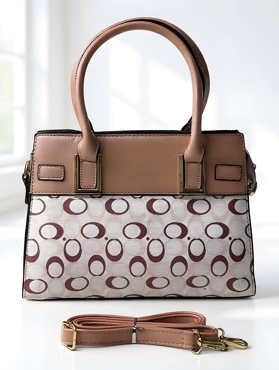 peach geometric print handbag with handle - 22080794 - Standard Image - 1