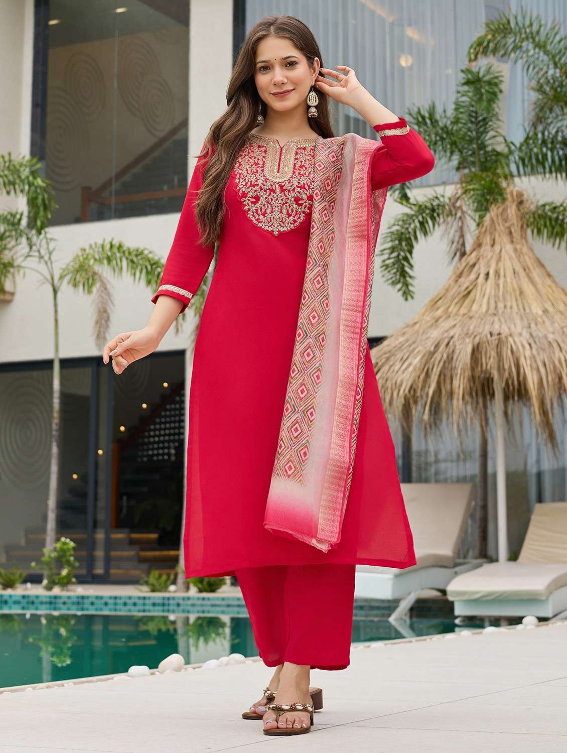 women embroidered three quarter sleeve kurta pant with dupatta set - 22080920 -  Standard Image - 1