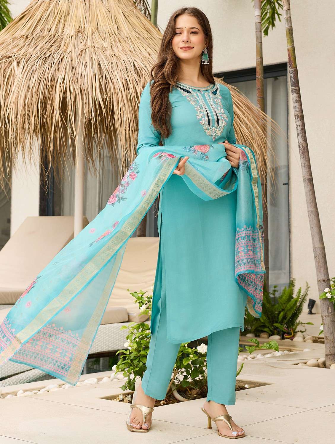 women embroidered three quarter sleeve kurta pant with dupatta set - 22080922 - Standard Image - 1