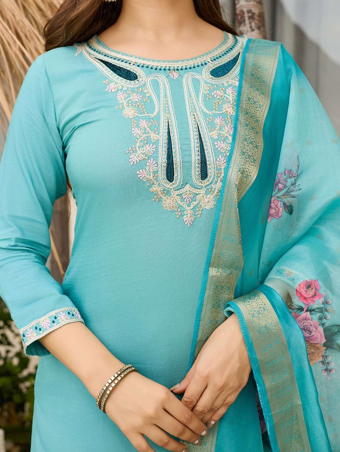 women embroidered three quarter sleeve kurta pant with dupatta set - 22080922 - Standard Image - 4