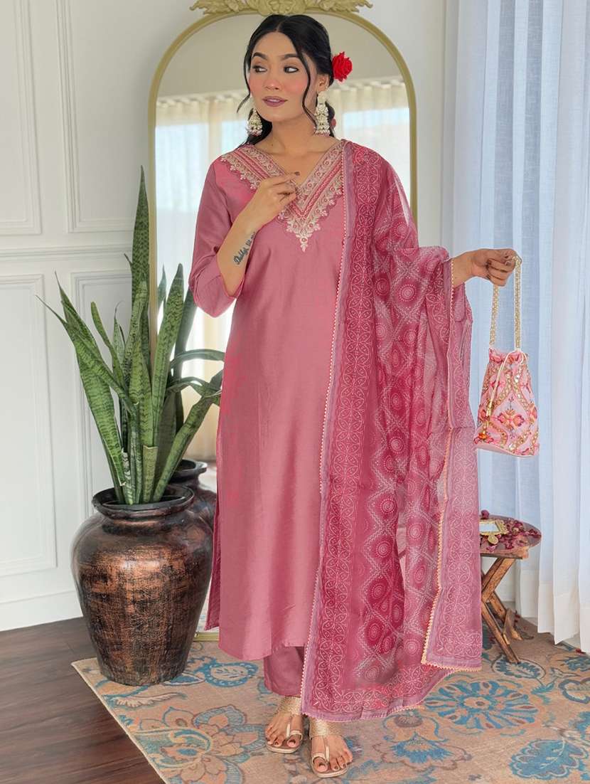 women embroidered three quarter sleeve kurta pant with dupatta set