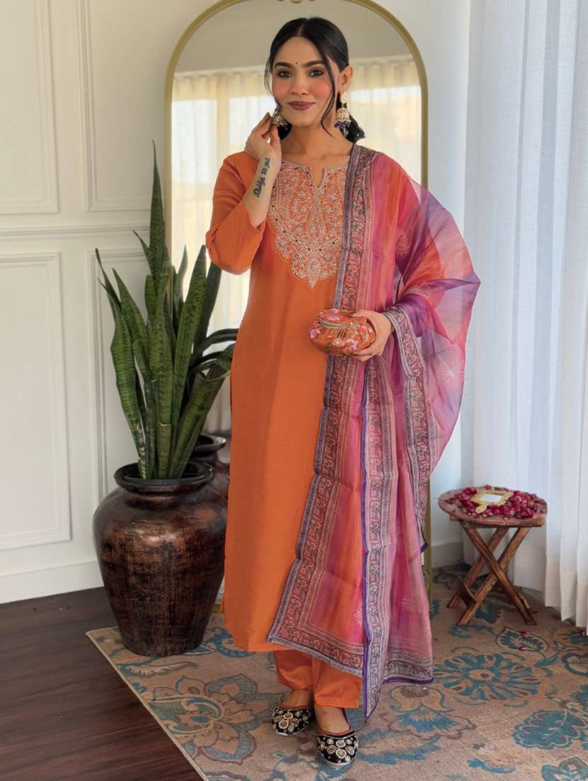 women embroidered three quarter sleeve kurta pant with dupatta set