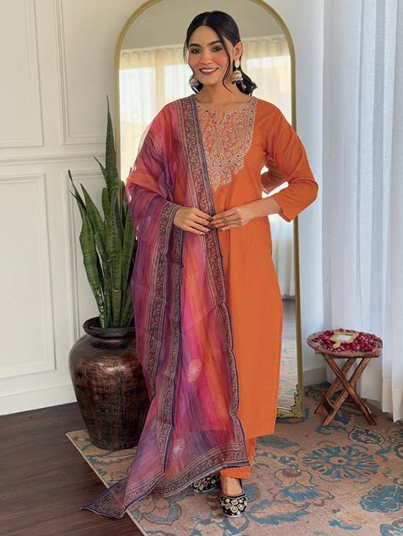 women embroidered three quarter sleeve kurta pant with dupatta set - 22080925 -  Standard Image - 1