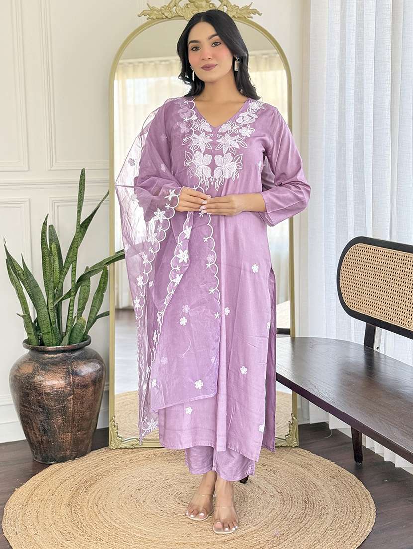 women embroidered long sleeve kurta pant with dupatta set