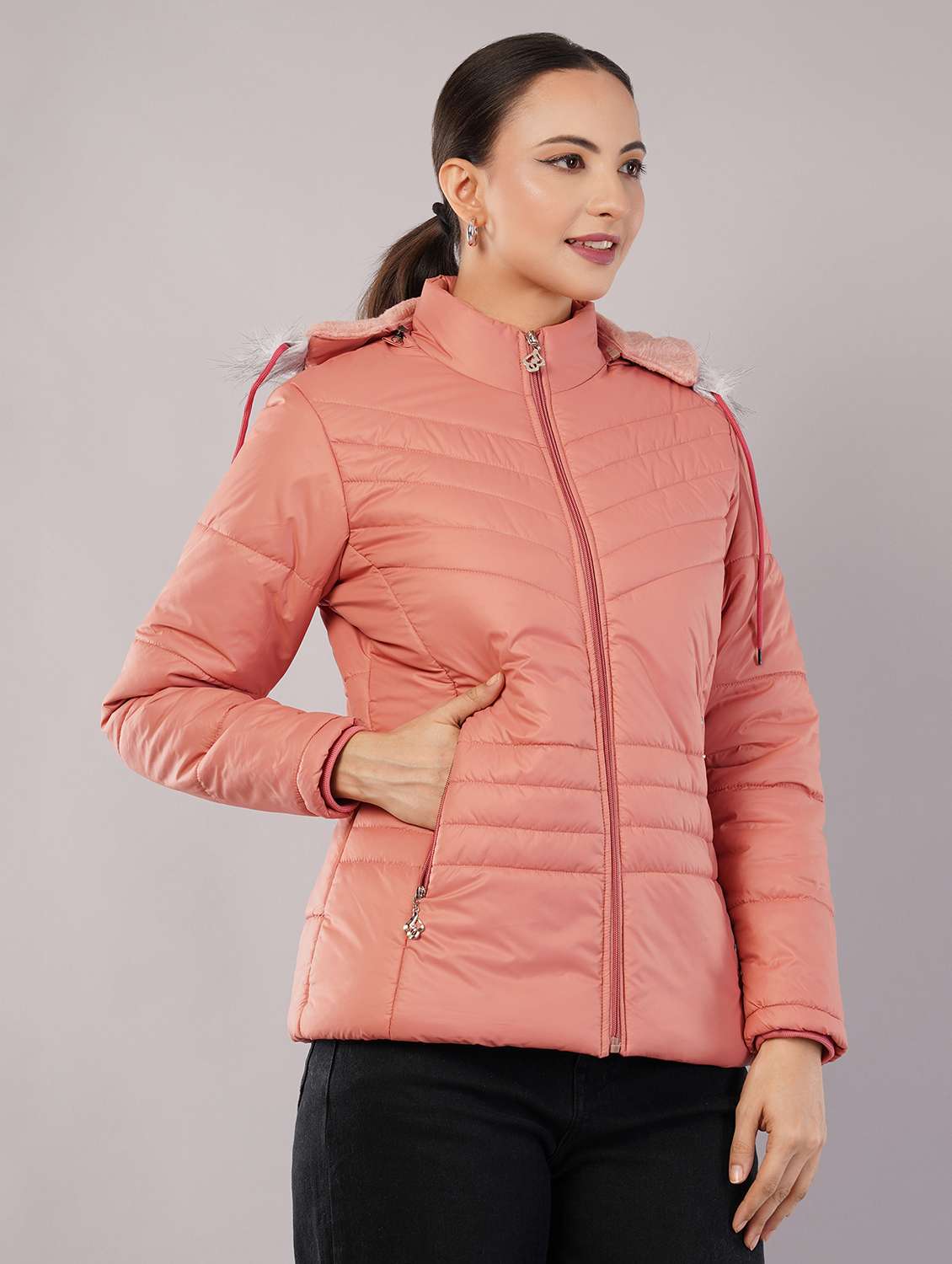 women solid long sleeve hooded quilted jacket - 22080933 - Standard Image - 1