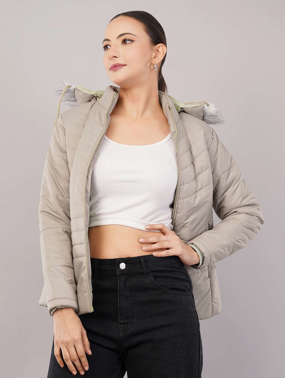 women solid long sleeve hooded quilted jacket - 22080935 -  Standard Image - 1