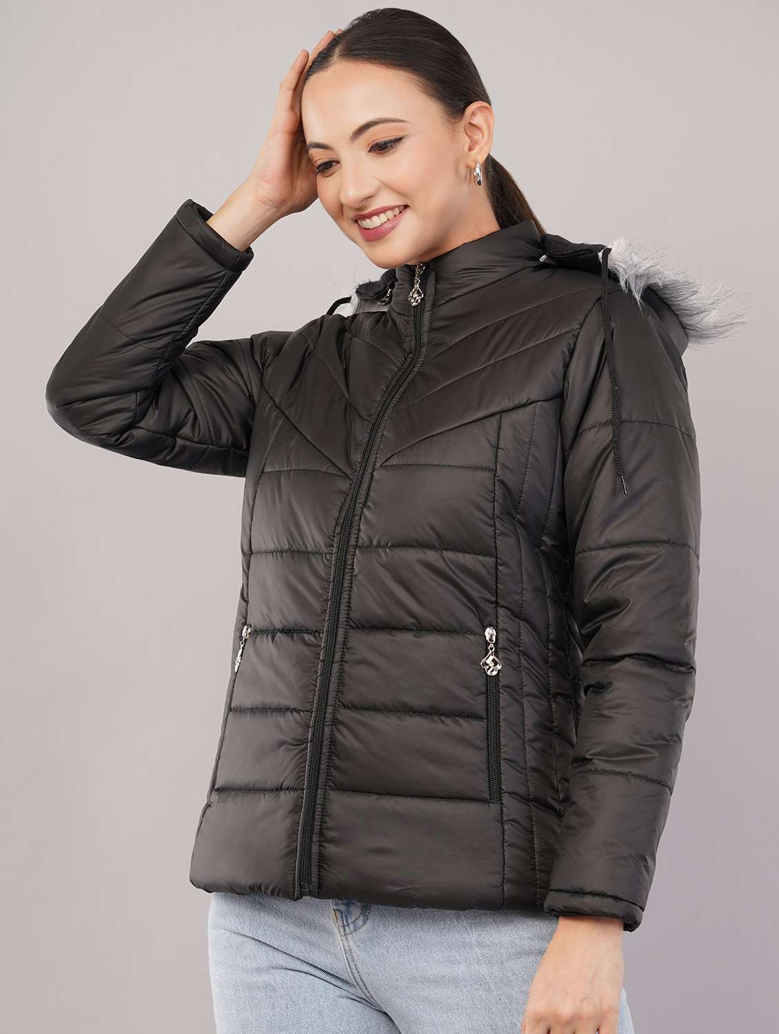 women solid long sleeve hooded quilted jacket