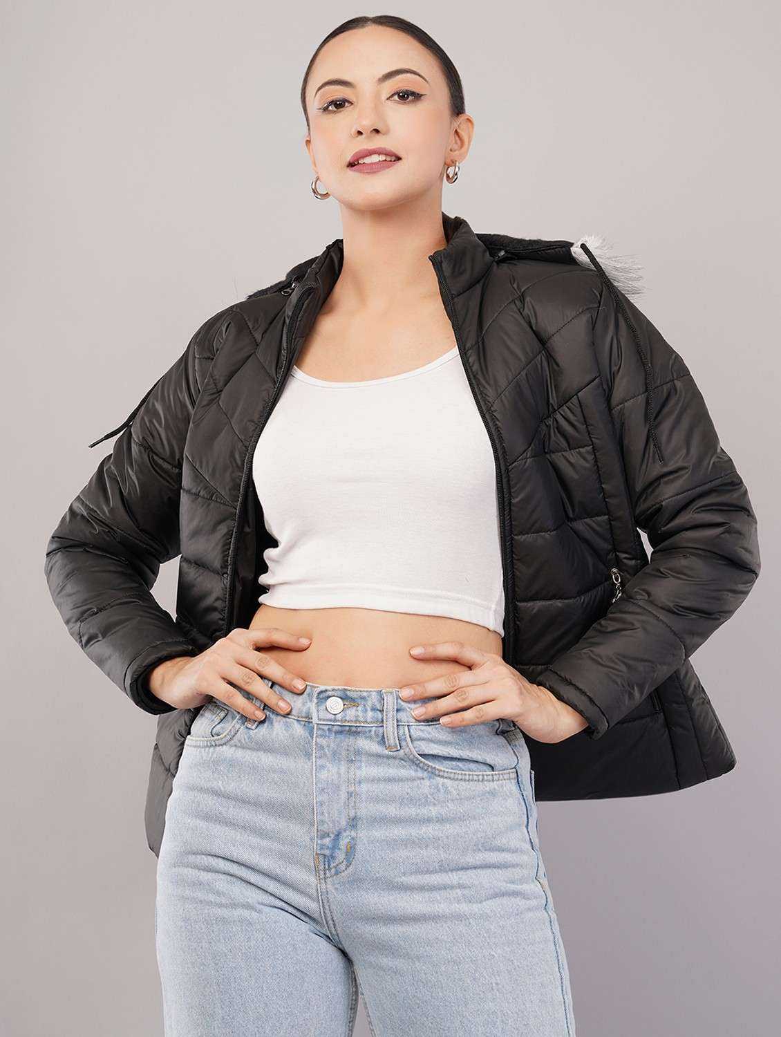 women solid long sleeve hooded quilted jacket - 22080937 - Standard Image - 1