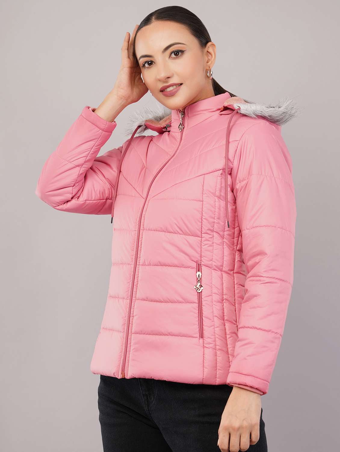 women solid long sleeve hooded quilted jacket
