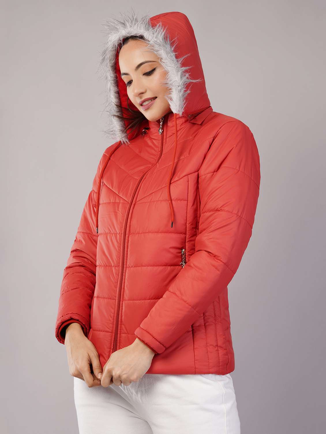 women solid long sleeve hooded quilted jacket
