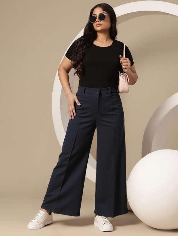 women solid high rise wide leg trouser - 22081066 -  Standard Image - 1