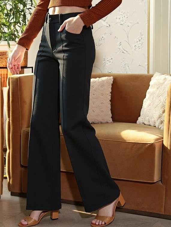 women solid high rise striaght trouser - 22081070 -  Standard Image - 1