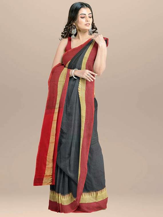 women solid with bordered handloom saree with blouse - 22081582 -  Standard Image - 1