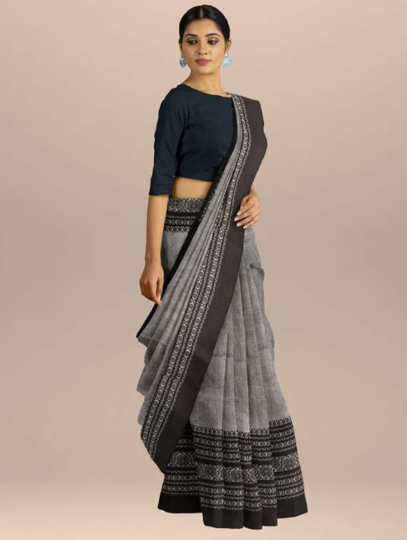 women solid with bordered handloom saree with blouse - 22081646 -  Standard Image - 1