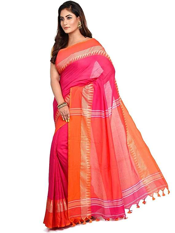 women solid with bordered handloom saree with blouse - 22081686 -  Standard Image - 1