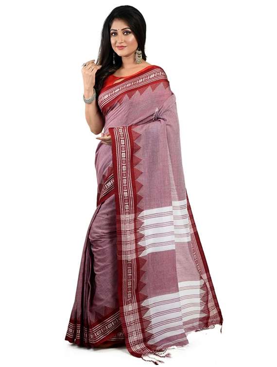 women solid with bordered handloom saree with blouse - 22081707 -  Standard Image - 1