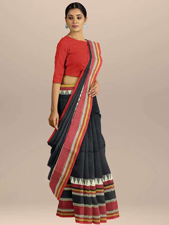 women solid with bordered handloom saree with blouse - 22081718 -  Standard Image - 1
