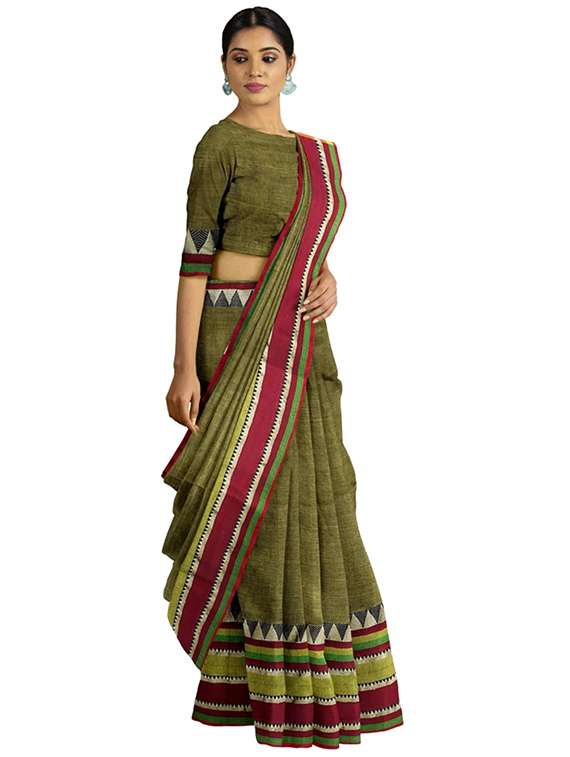 women solid with bordered handloom saree with blouse - 22081733 -  Standard Image - 1