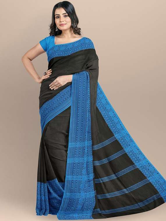 women solid with bordered handloom saree with blouse