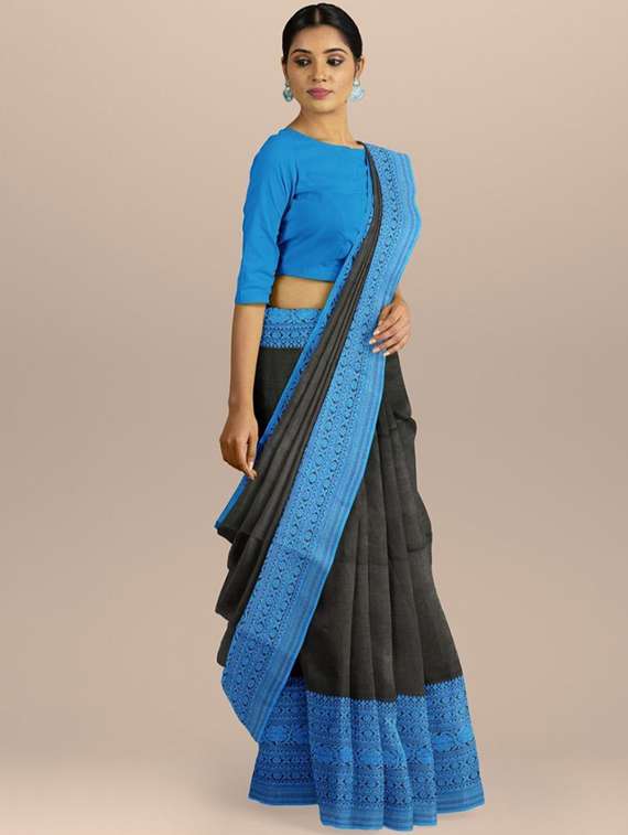 women solid with bordered handloom saree with blouse - 22081737 -  Standard Image - 1