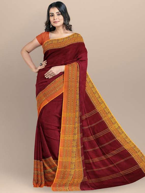 women solid with bordered handloom saree with blouse - 22081843 -  Standard Image - 1