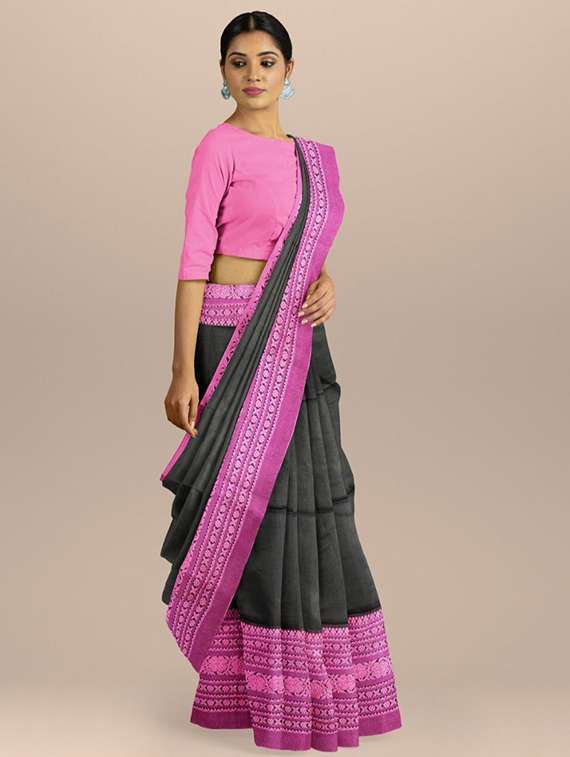 women solid with bordered handloom saree with blouse - 22081897 -  Standard Image - 1