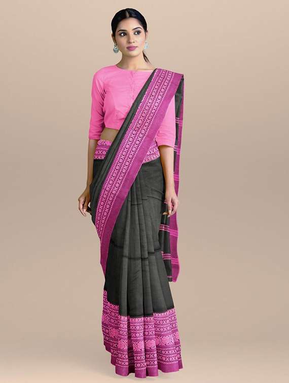 women solid with bordered handloom saree with blouse - 22081918 - Standard Image - 1