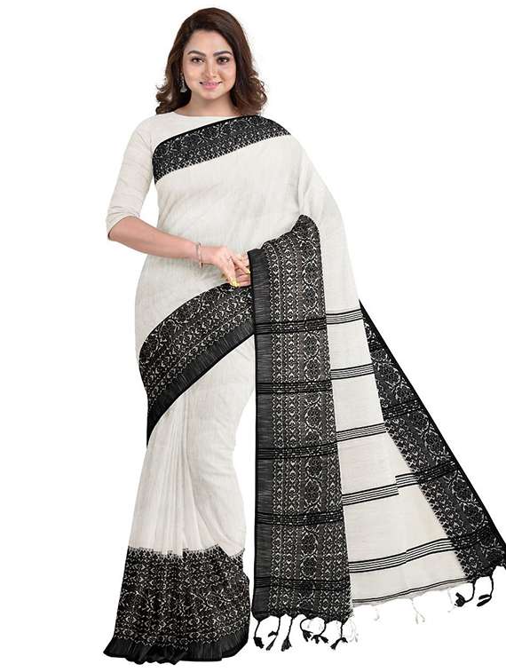 women solid with bordered handloom saree with blouse