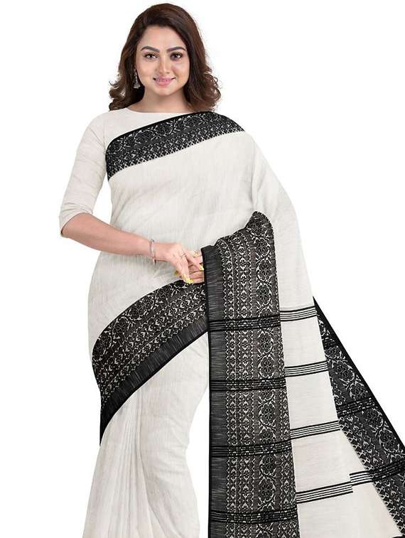women solid with bordered handloom saree with blouse - 22081971 - Standard Image - 1