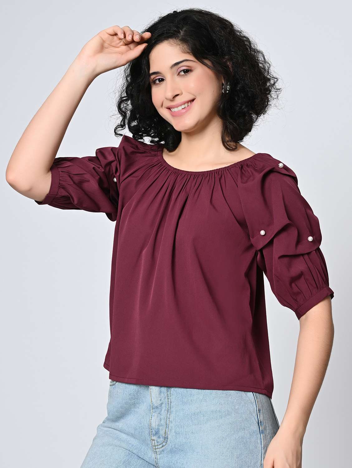 women solid puff sleeve regular top - 22082154 -  Standard Image - 1