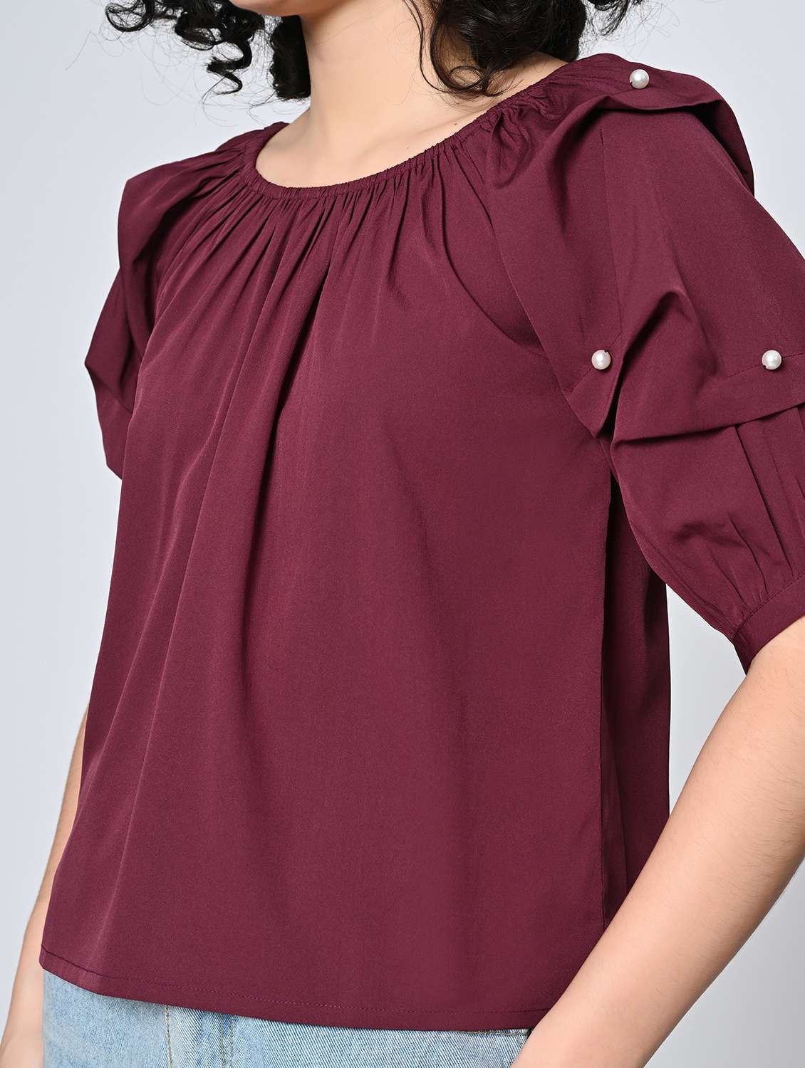 women solid puff sleeve regular top - 22082154 -  Standard Image - 4