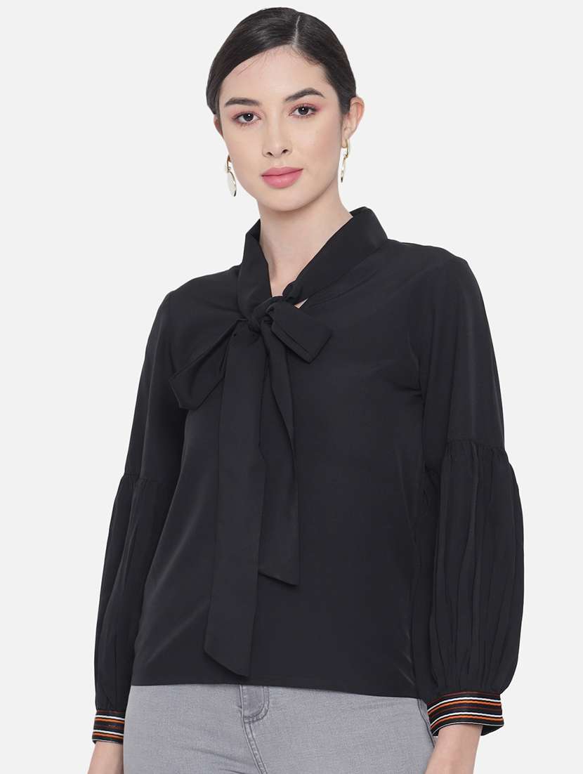 women solid tie up neck puff sleeve regular top