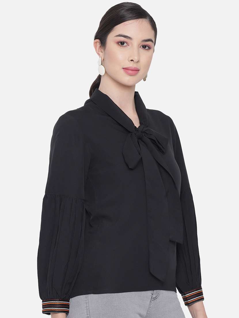 women solid tie up neck puff sleeve regular top - 22082163 - Standard Image - 1