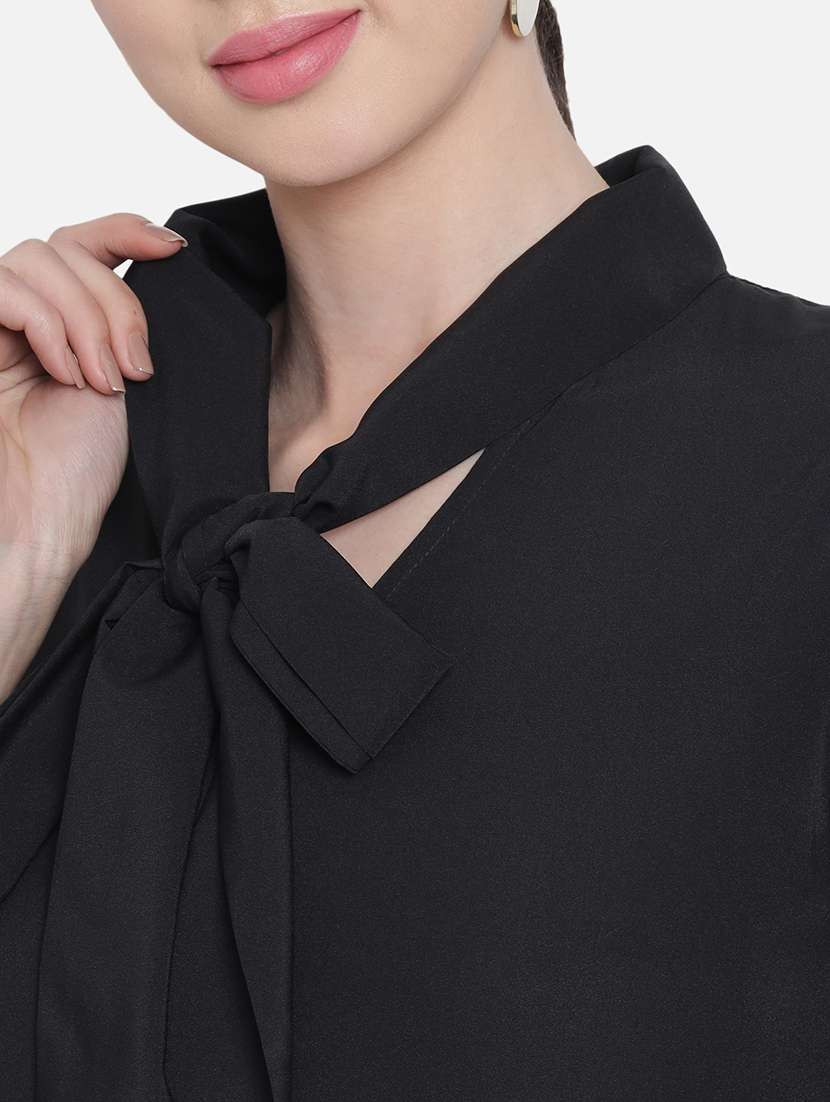 women solid tie up neck puff sleeve regular top - 22082163 - Standard Image - 4
