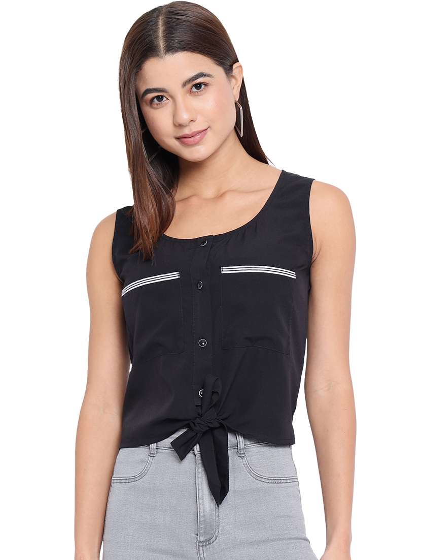 women black sleeveless knot detailed top