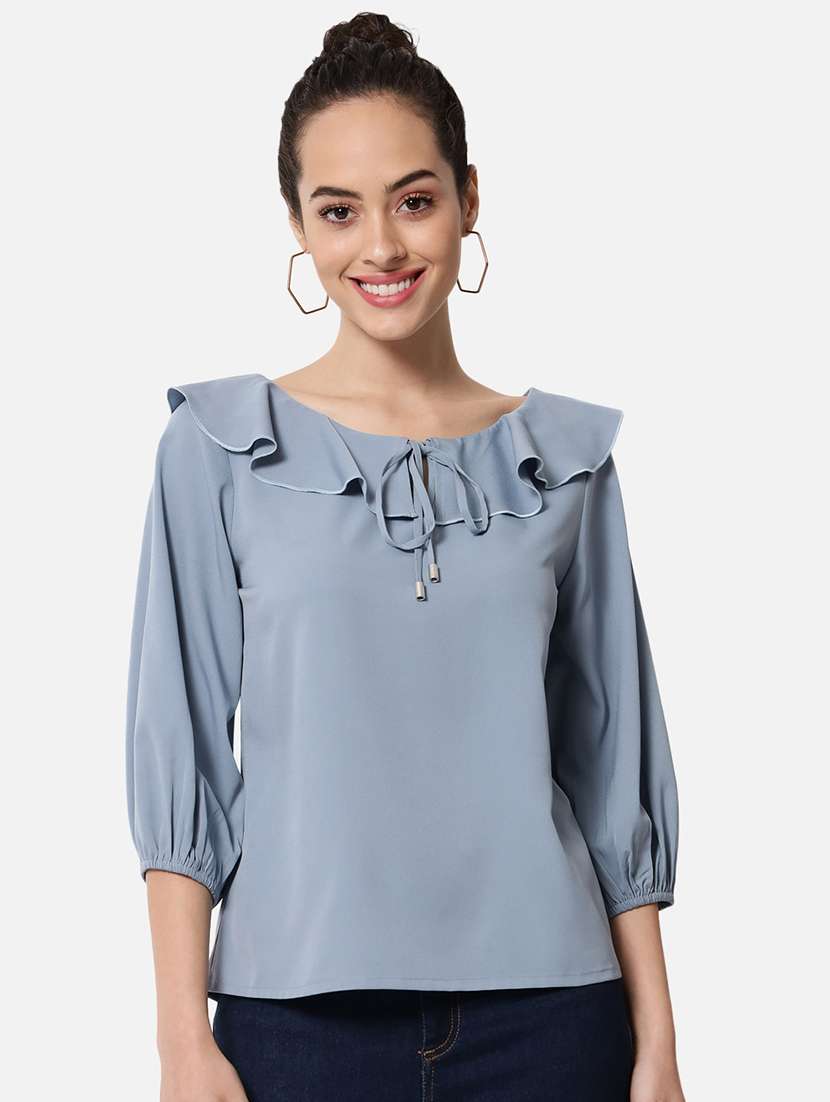 women solid tie-up neck ruffle detailed regular top