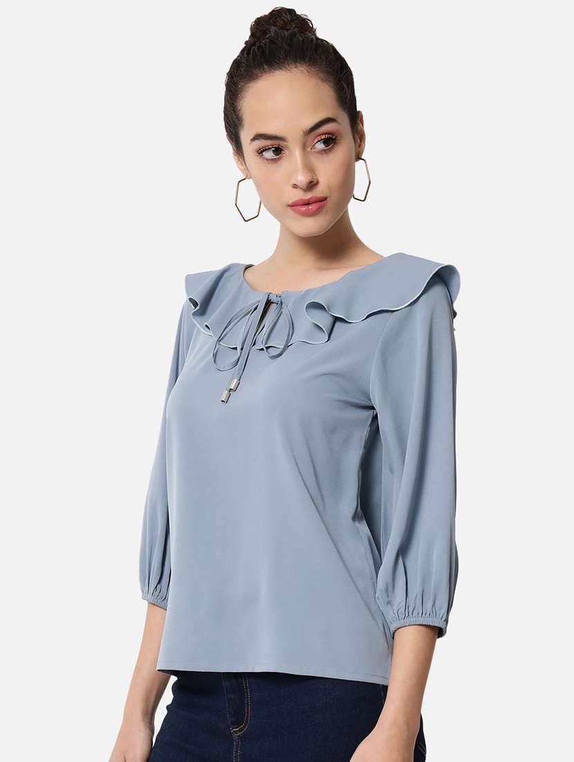 women solid tie-up neck ruffle detailed regular top - 22082171 -  Standard Image - 1