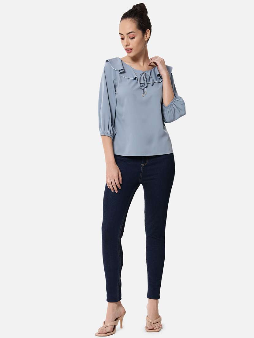 women solid tie-up neck ruffle detailed regular top - 22082171 -  Standard Image - 4