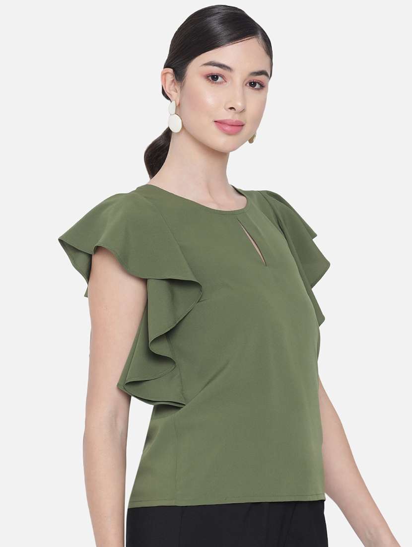 women solid round neck ruffle sleeve regular top - 22082173 -  Standard Image - 1