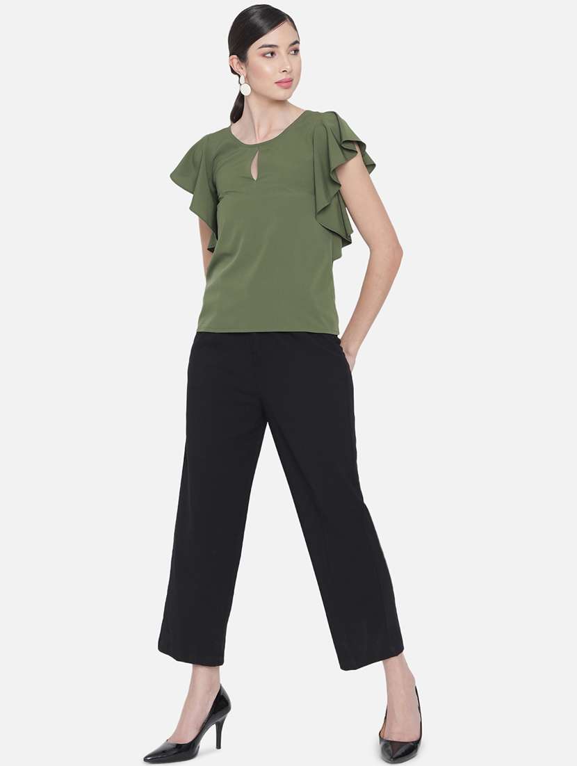 women solid round neck ruffle sleeve regular top - 22082173 -  Standard Image - 4