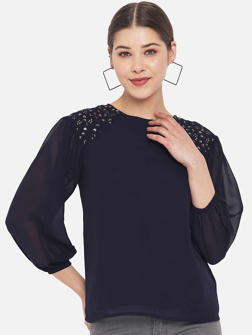 women solid puff sleeve regular top - 22082174 - Standard Image - 1