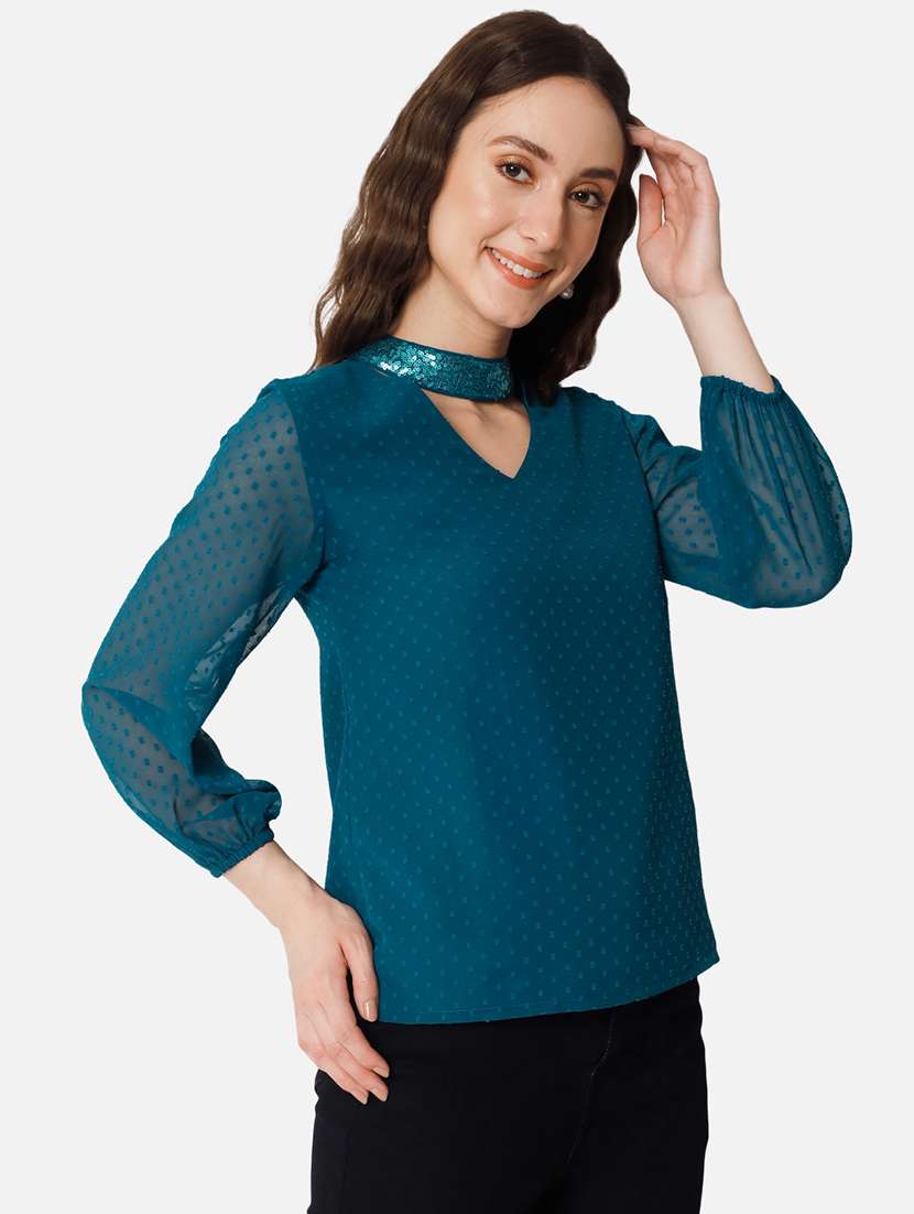 women teal choker neck puff sleeve regular top - 22082176 -  Standard Image - 1