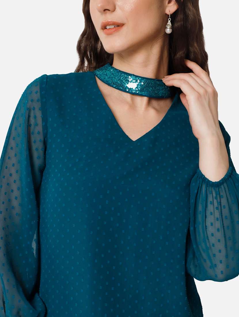 women teal choker neck puff sleeve regular top - 22082176 -  Standard Image - 4