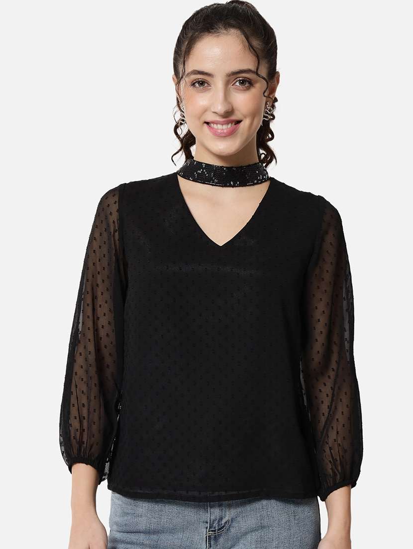 women black solid choker neck puff sleeve regular top - 22082177 - Zoom Image - 0